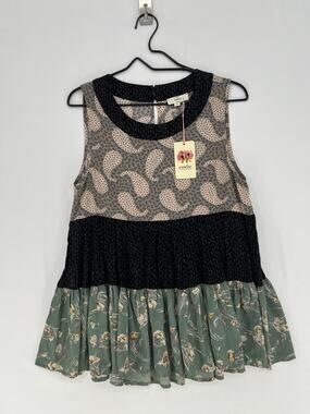 Entro NWT Mixed Print Boho Tunic Top Small Paisley Floral Tiered Sleeveless